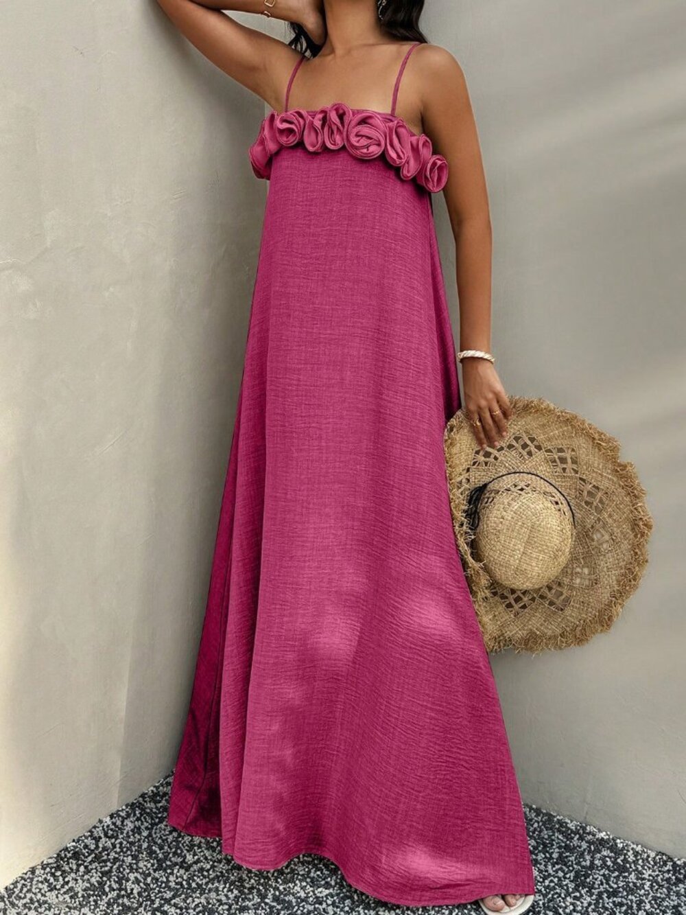 Rose Red Casual Women's 3d Flower A-Line Long Strap Dress - Picture 4 of 6
